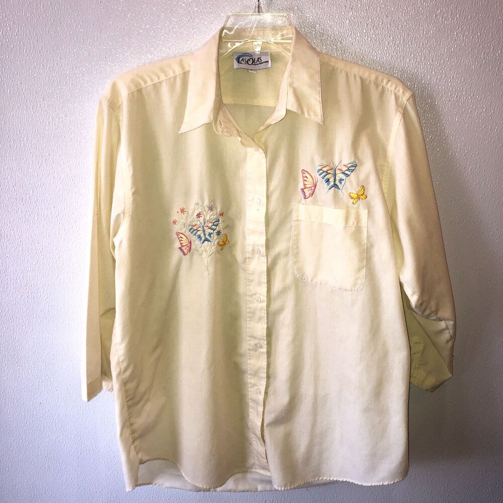 VTG Las Olas Womens Large Yellow Striped Butterfly Button Up Top Blouse Shirt L - Picture 7 of 12